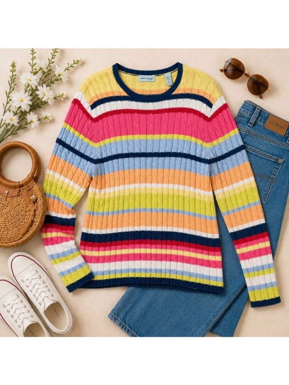 Valerie Stevens Women’s XL Multicolor Striped Cable Knit Cotton Sweater